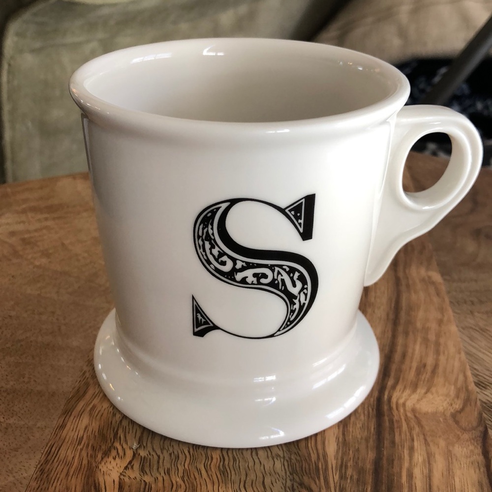 Anthro “S” white coffee mug, EUC